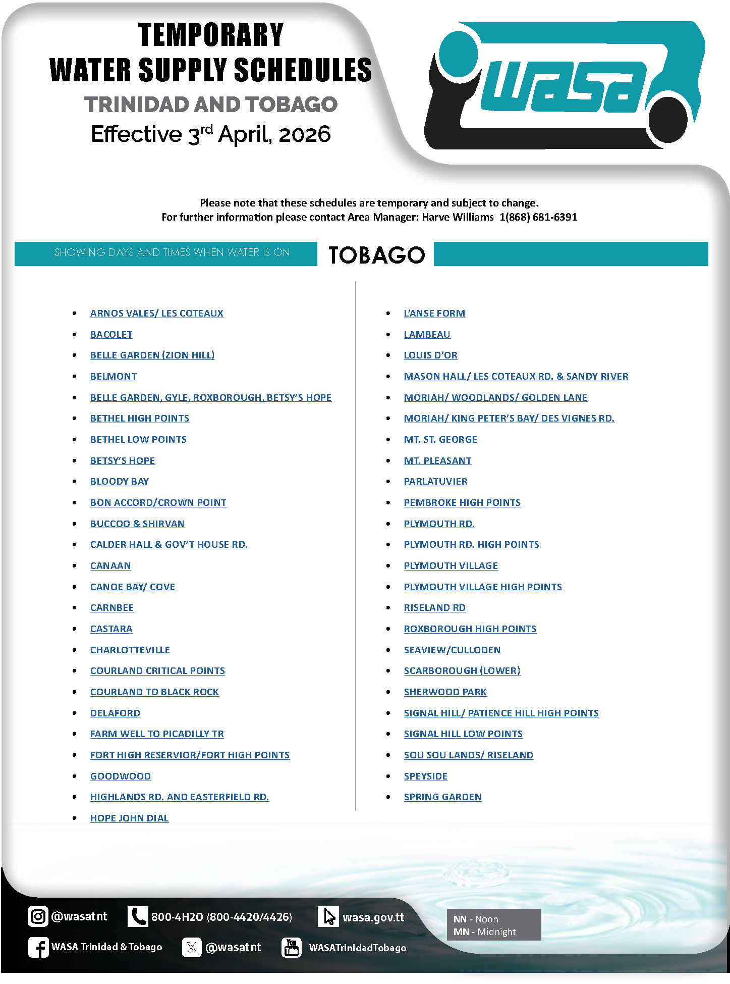 Tobago Temporary Water Supply Schedules